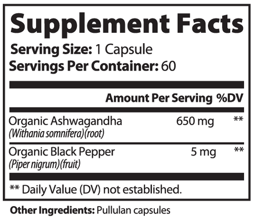 Ashwagandha with Black Pepper Supplement Facts panel