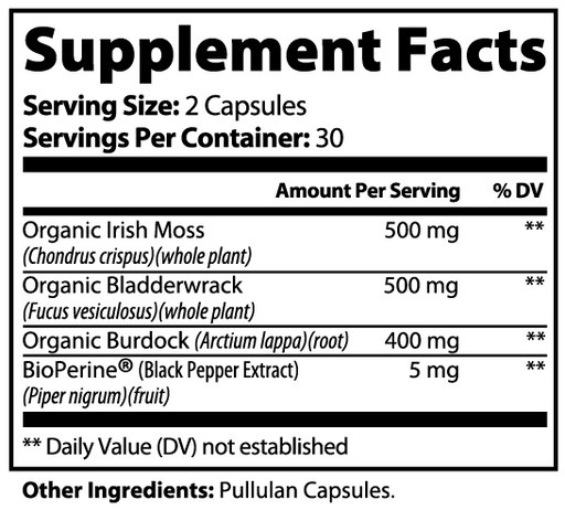 Sea Moss + BioPerine Supplement Facts panel