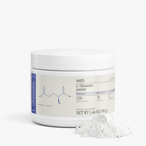 Natty L-Glutamine jar with the Natty label, view 2
