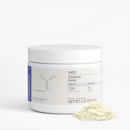 Natty Colostrum jar with the Natty label, view 2