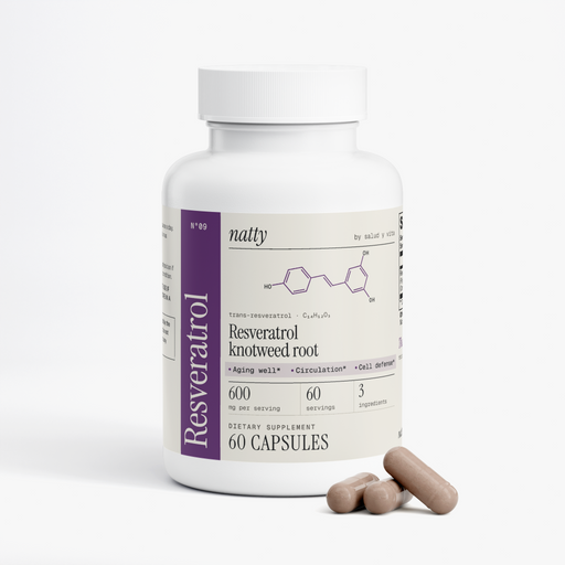 Natty Resveratrol bottle with the Natty label, view 2