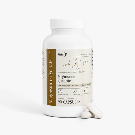 Natty Magnesium Glycinate bottle with the Natty label, view 2