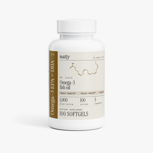 Natty Omega-3 Fish Oil bottle with the Natty label