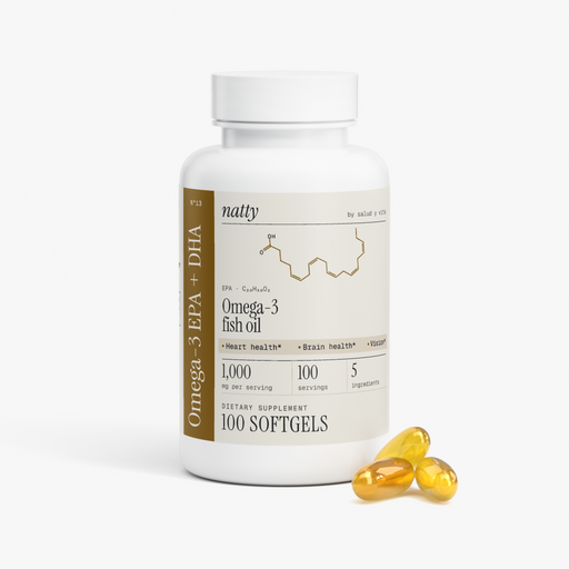Natty Omega-3 Fish Oil bottle with the Natty label, view 2