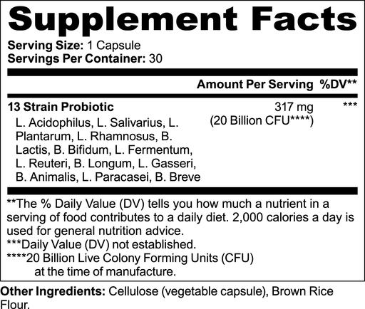 Probiotic 20 Billion CFU Supplement Facts panel