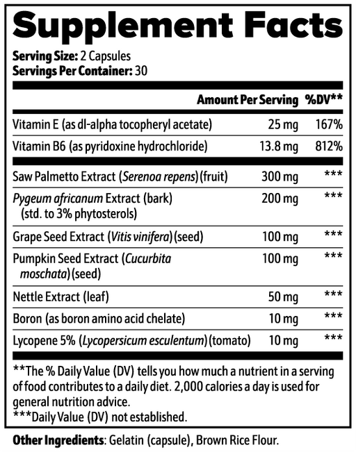 Prostate Support Supplement Facts panel