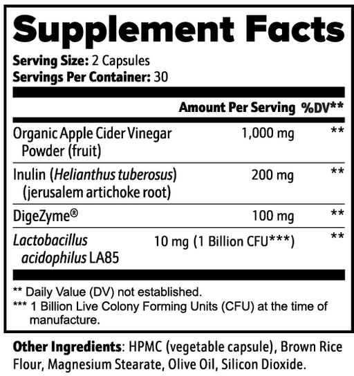 Apple Cider Vinegar Supplement Facts panel