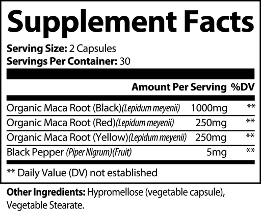 Maca with Black Pepper Supplement Facts panel