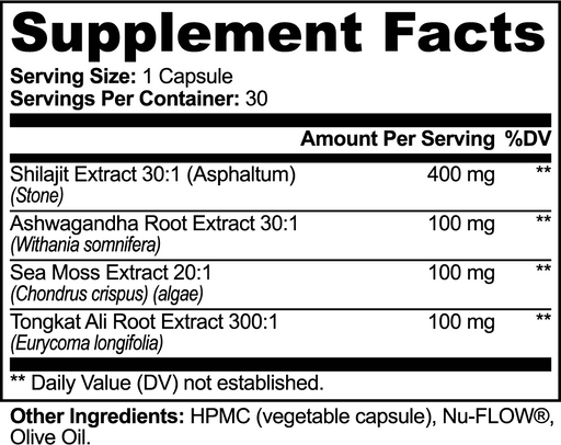Supplement Facts panel for Salud y Vita Shilajit Adaptogen Complex: 1 capsule per serving, 30 servings per container. Shilajit Extract 30:1 400 mg, Ashwagandha Root Extract 30:1 100 mg, Sea Moss Extract 20:1 100 mg, Tongkat Ali Root Extract 300:1 100 mg. Daily Value not established. Other ingredients: HPMC vegetable capsule, Nu-FLOW, olive oil.
